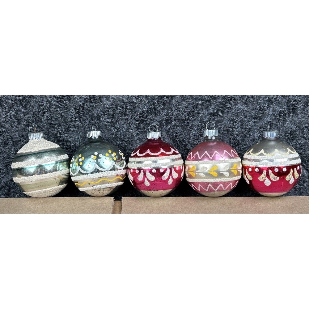Vintage Shiny Brite Ornament Lot Of 5 Bulbs 2”Stenciled Mica Stripes